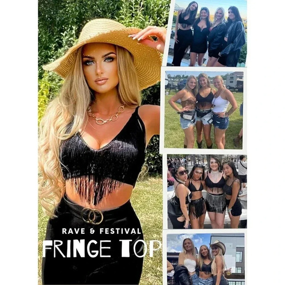 Women Tassel Tank Concert Outfits Festival Clothes  Rave V-Neck Sleeveless Shirt - Picture 3 of 6